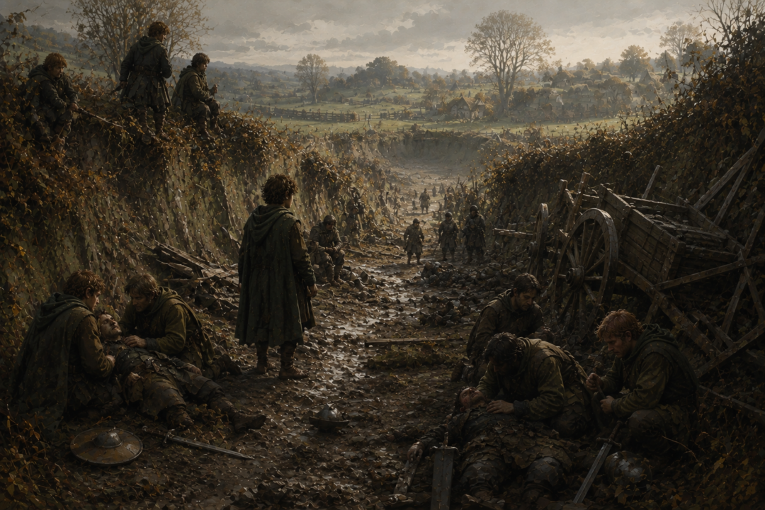 Hobbits tend the wounded beside damaged hedges and wagon barricades after the Battle of Bywater.