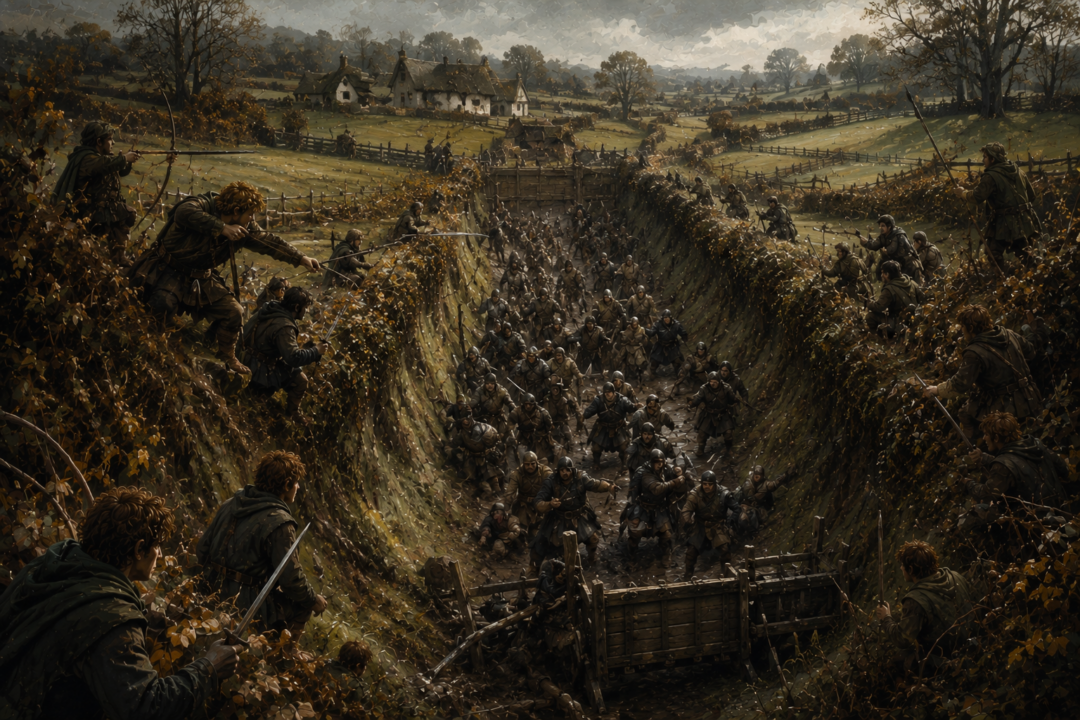 Elevated view of the Battle of Bywater showing ruffians confined within a narrow banked road as hobbits close the exits.