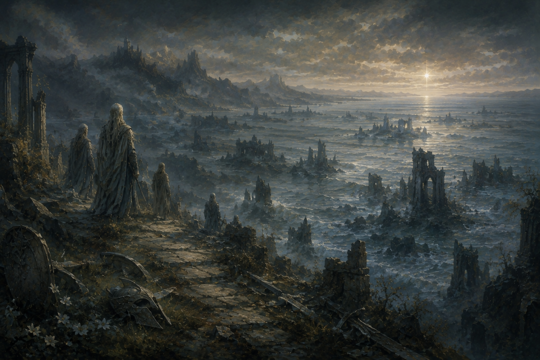 Elven survivors overlooking the drowning lands of Beleriand after the War of Wrath