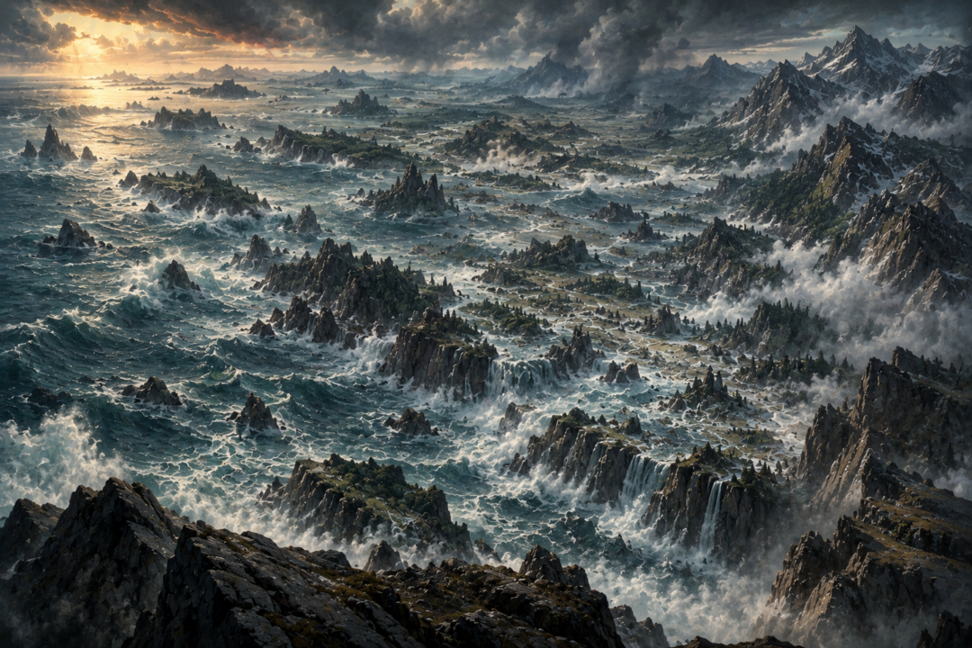 Vast portions of Beleriand sinking beneath the sea during the catastrophic end of the First Age