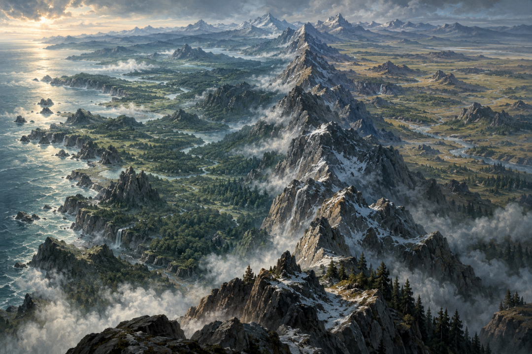 Elevated view of the Blue Mountains separating First Age Beleriand in the west from Eriador in the east