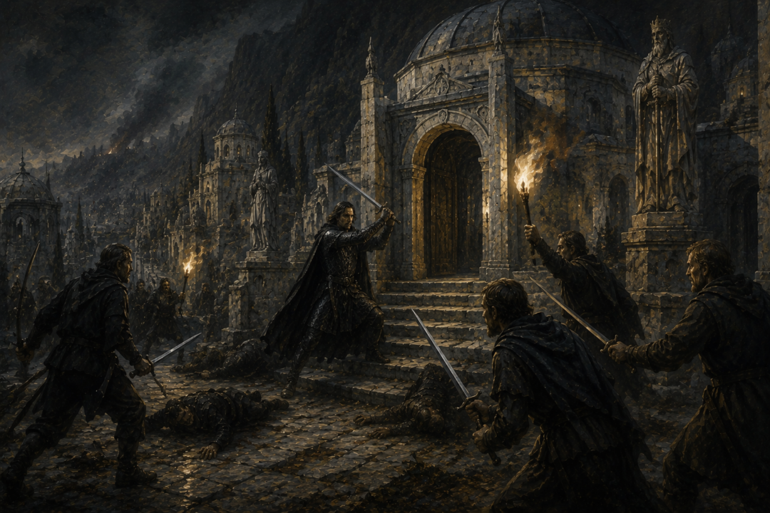 Beregond defending the House of the Stewards from Denethor's armed servants as fighting breaks out on the Silent Street