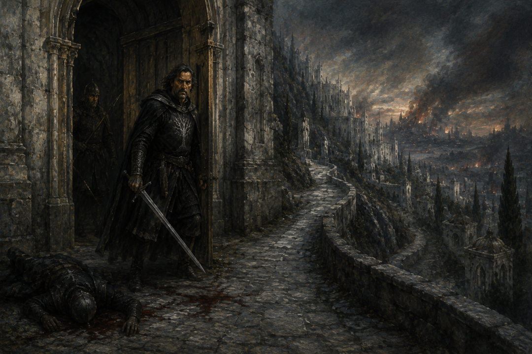 Beregond passing through the opened Fen Hollen with his sword drawn as he races toward Rath Dínen to save Faramir