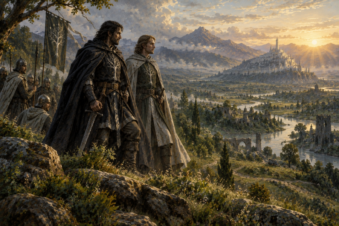 Beregond serving as captain of Faramir's White Company in the green hills of Emyn Arnen