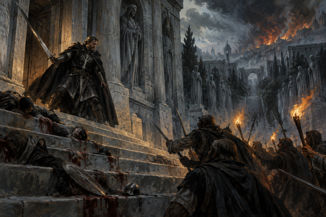 Beregond defending the House of the Stewards in Rath Dínen during the siege of Minas Tirith