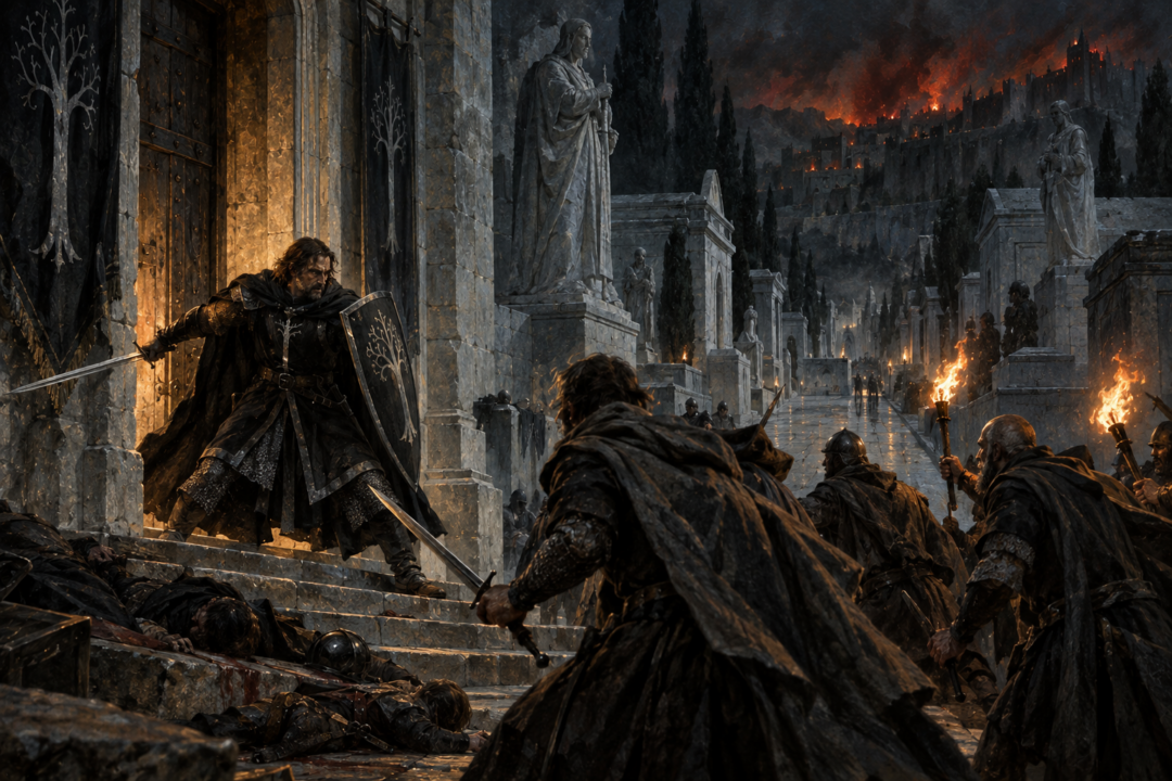 Beregond stands with drawn sword against Denethor's servants at the House of the Stewards in Rath Dinen