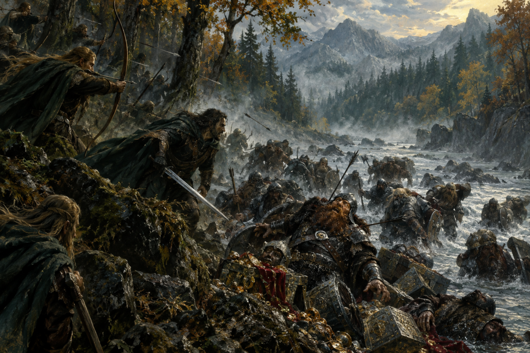 Beren and the Green-elves ambush the treasure-laden Dwarves of Nogrod at Sarn Athrad.