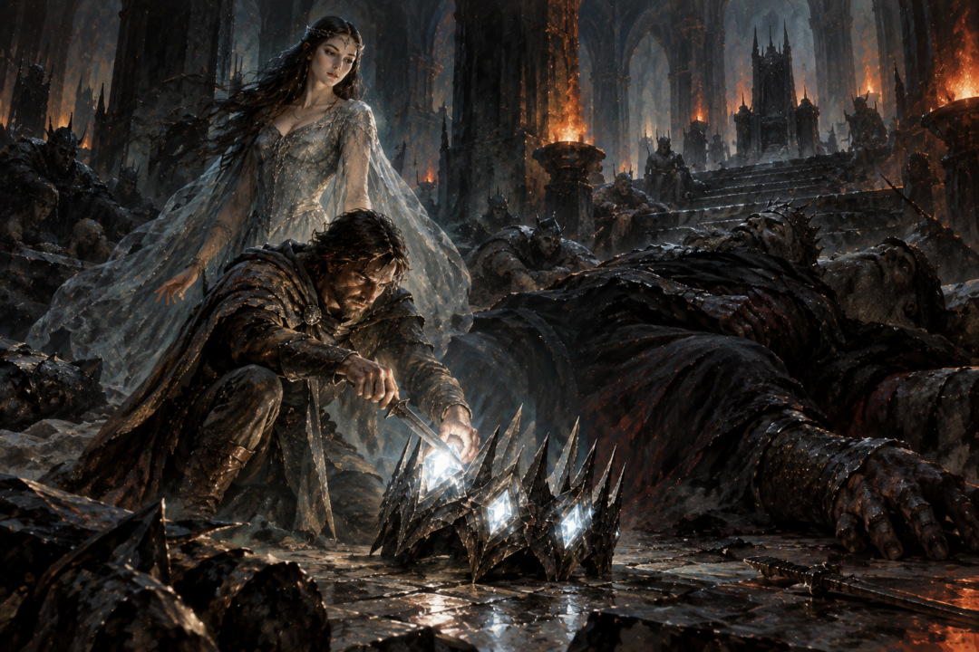 Beren cutting a Silmaril from Morgoth's fallen Iron Crown while Lúthien stands within the halls of Angband