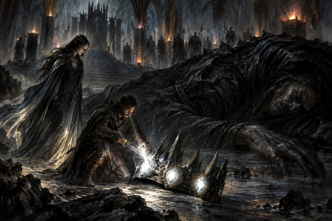 Beren cuts a Silmaril from Morgoth's fallen Iron Crown while Lúthien stands in the halls of Angband