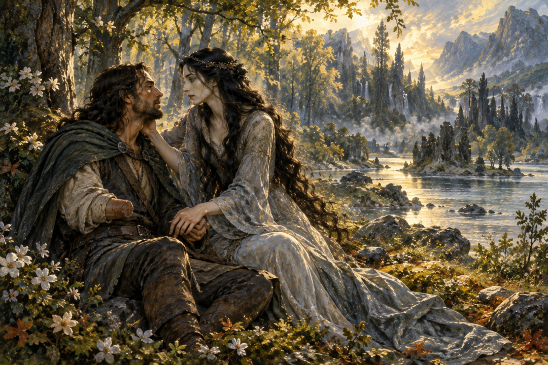 Beren and Lúthien living their second mortal life with young Dior on Tol Galen in Ossiriand.