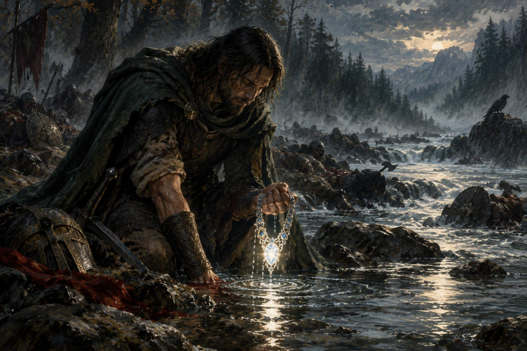 Beren washes the bloodied Nauglamír and its shining Silmaril in the river after Sarn Athrad.