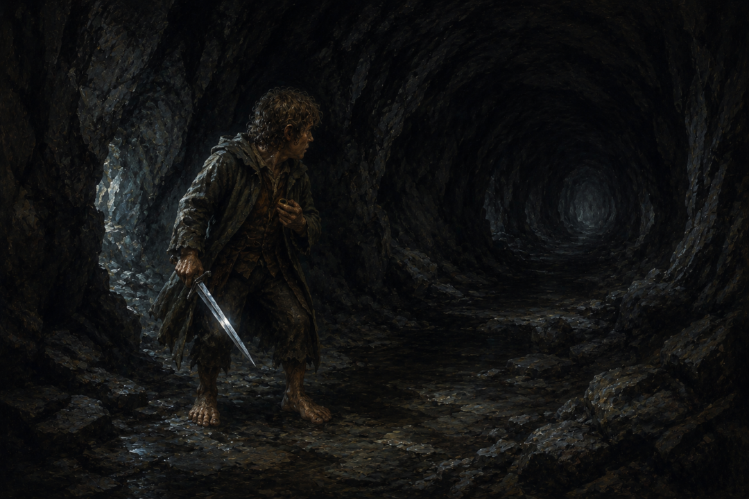 Bilbo stands alone in a dark passage beneath the Misty Mountains after becoming separated from the company.