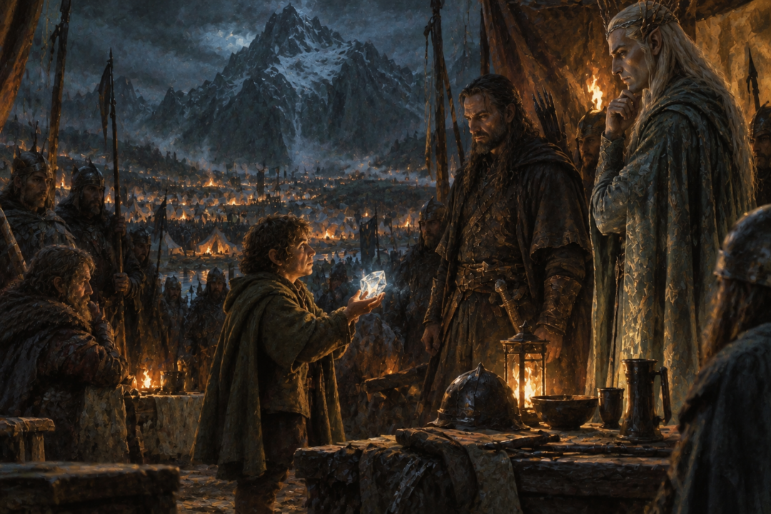 Bilbo presenting the Arkenstone to Bard and the Elvenking in a nighttime camp to prevent war at Erebor.