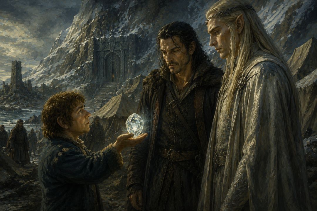 Bilbo presenting the Arkenstone to Bard and the Elvenking as leverage in negotiations with Thorin.