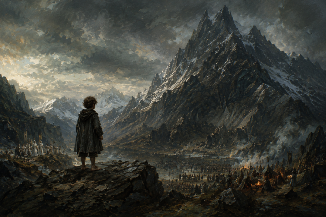 Bilbo Baggins stands beneath the immense Lonely Mountain as armies gather around Erebor.