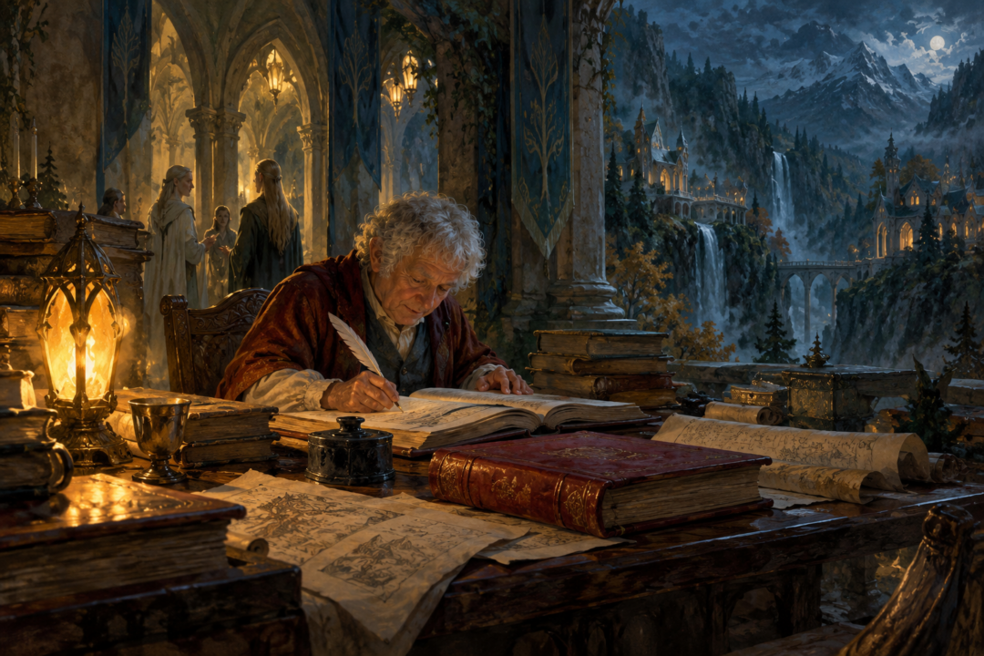 An open red-bound book symbolizing Bilbo's preservation of Elvish memory as Rivendell fades into the past.