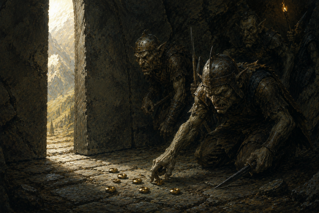 Bilbo's brass buttons lie on the stone threshold of the Goblin back-door after his narrow escape.