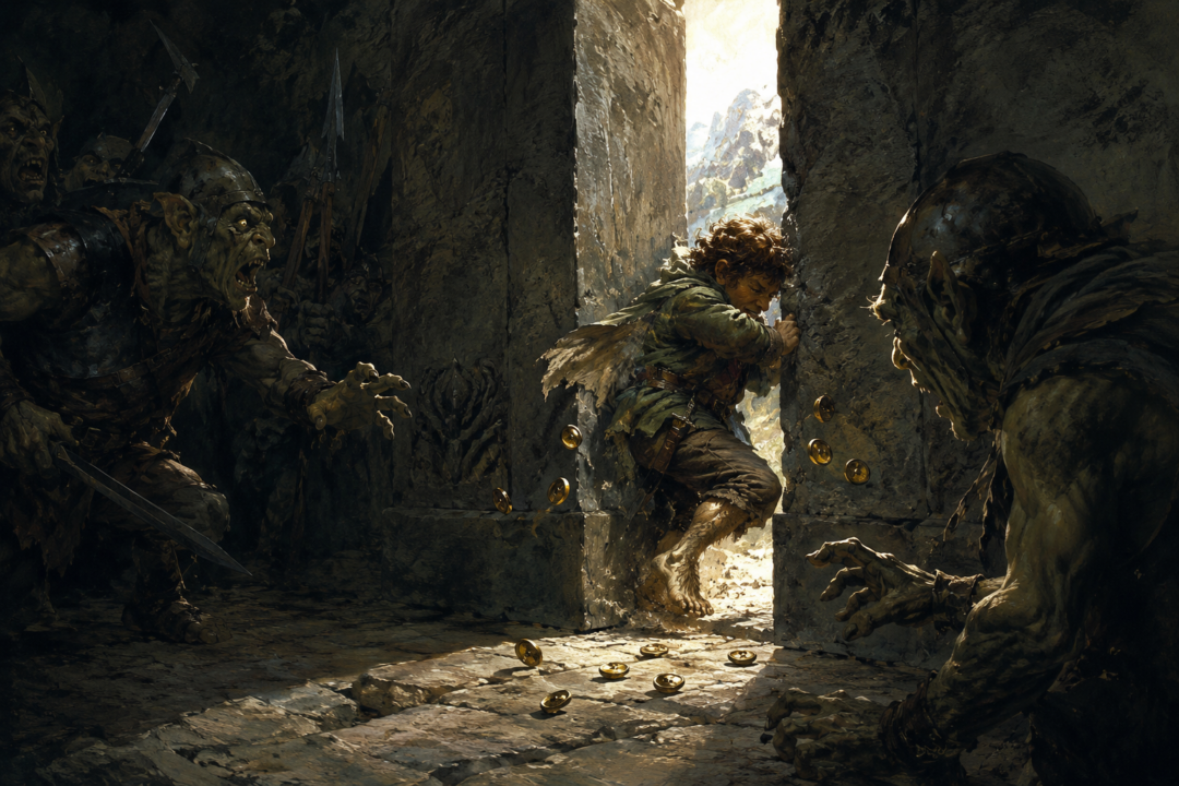 Bilbo squeezes through the nearly closed Goblin back-door as brass buttons tear from his clothes.
