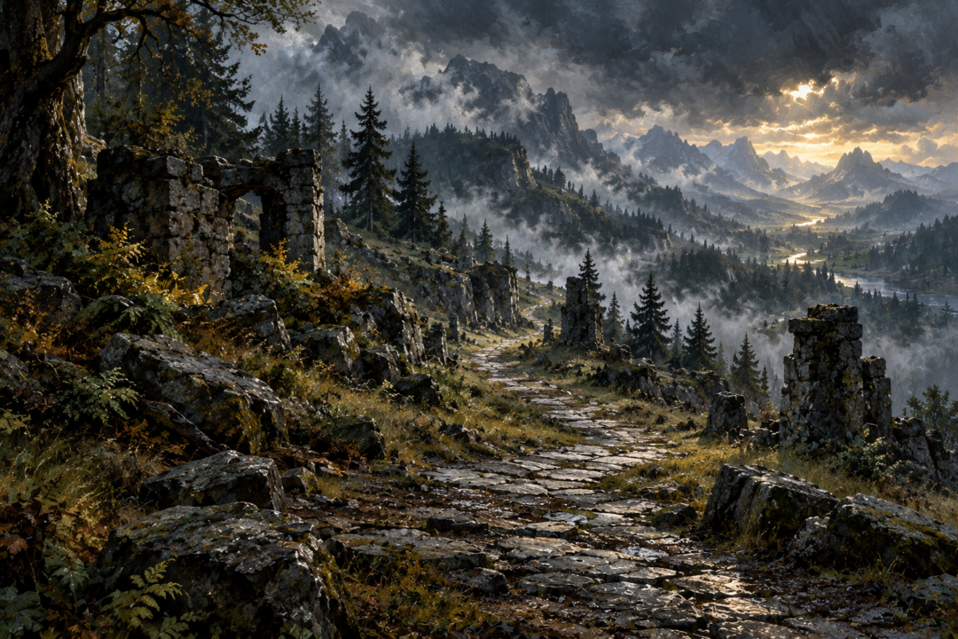 Bilbo, Gandalf, and Thorin's dwarves discovering the trolls' hidden cave and accumulated plunder beside the old road.