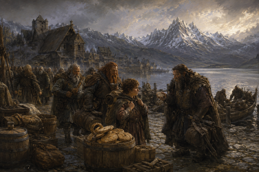 Bilbo and the Dwarves packing cram before leaving Lake-town for the Lonely Mountain