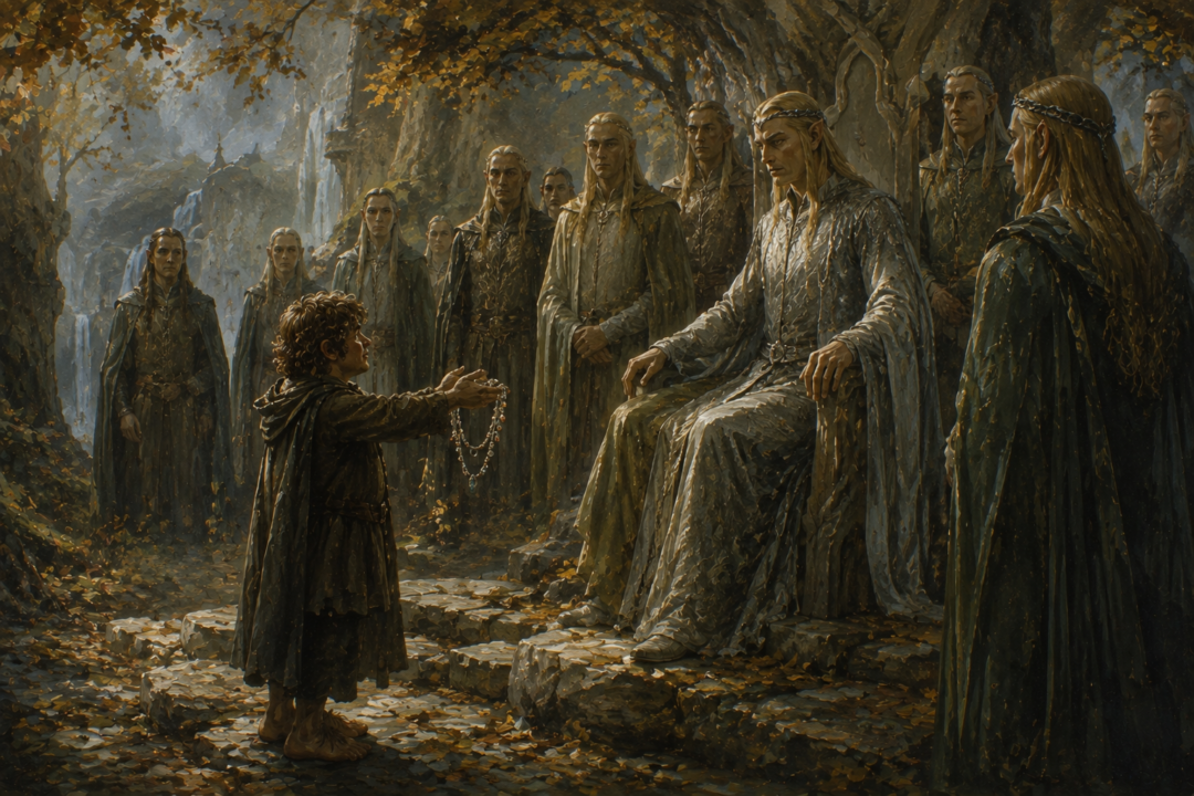 Bilbo Baggins offers a silver and pearl necklace to the Elvenking after the events at Erebor.