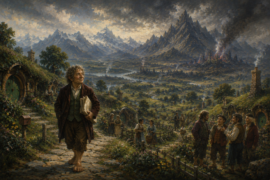 Bilbo Baggins walks through the peaceful Shire with the distant Lonely Mountain symbolizing his faraway adventures.