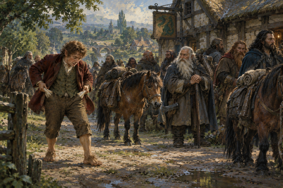 Bilbo realizes at Bywater that he has forgotten his pocket-handkerchief as Thorin's company prepares to depart.