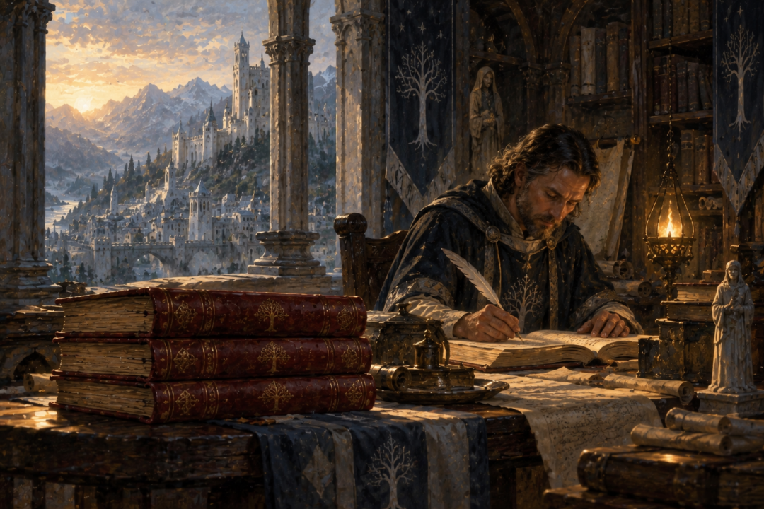 Bilbo giving Frodo the three red-bound volumes of his Translations from the Elvish in Rivendell.