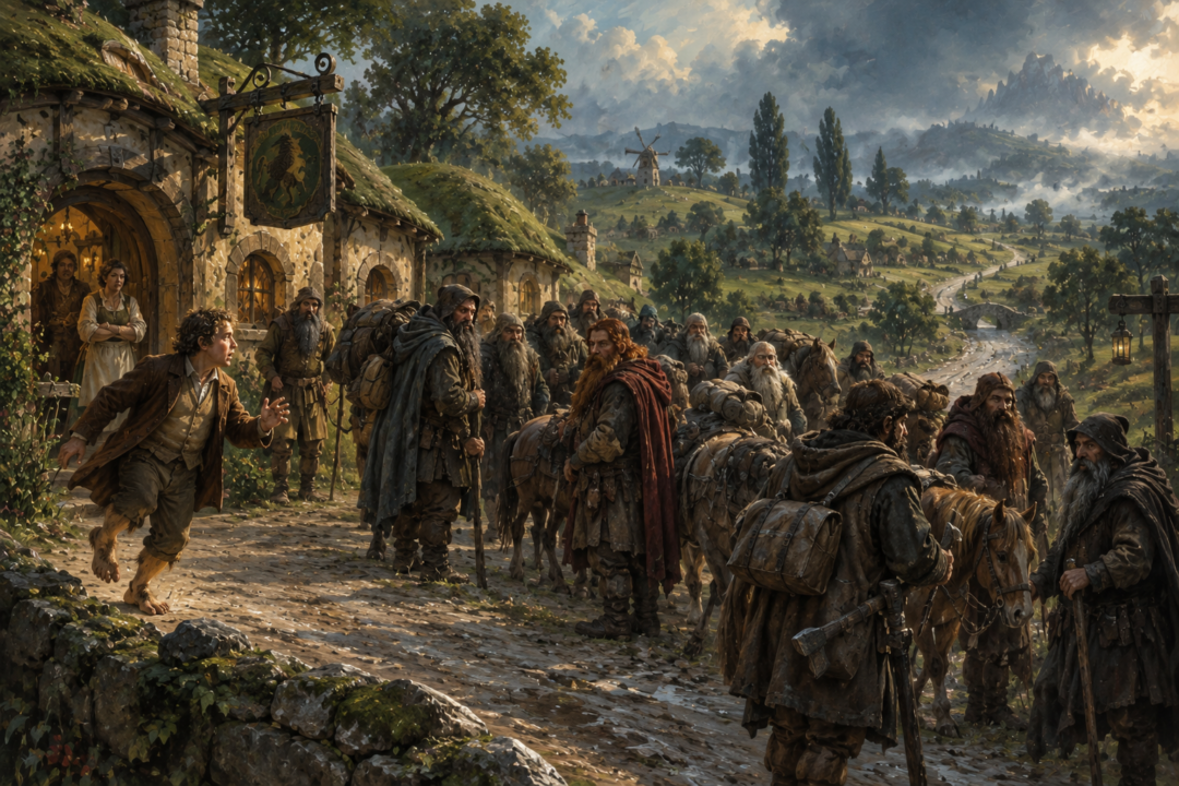 Bilbo rushes to the Green Dragon where Thorin's company and their laden ponies wait to begin the journey east.