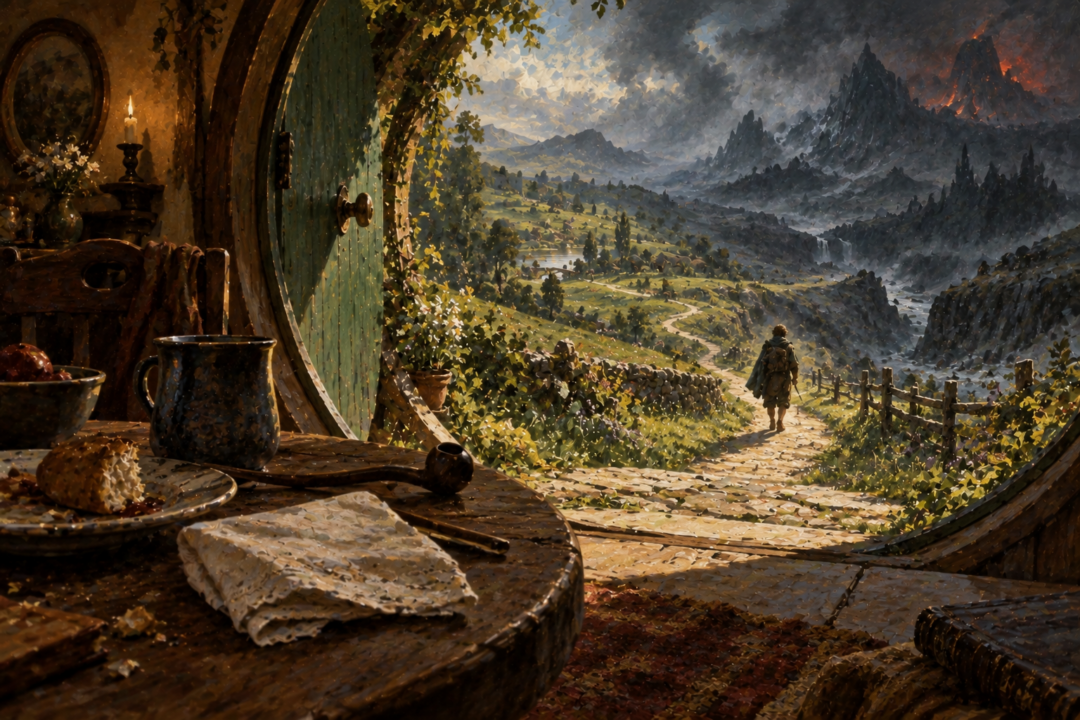 A pocket-handkerchief in Bag End contrasts with Bilbo's long road toward the distant Lonely Mountain.
