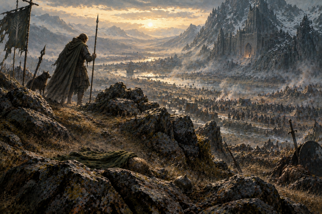 Dawn breaks over Ravenhill while the invisible and unconscious Bilbo remains unnoticed after the battle.