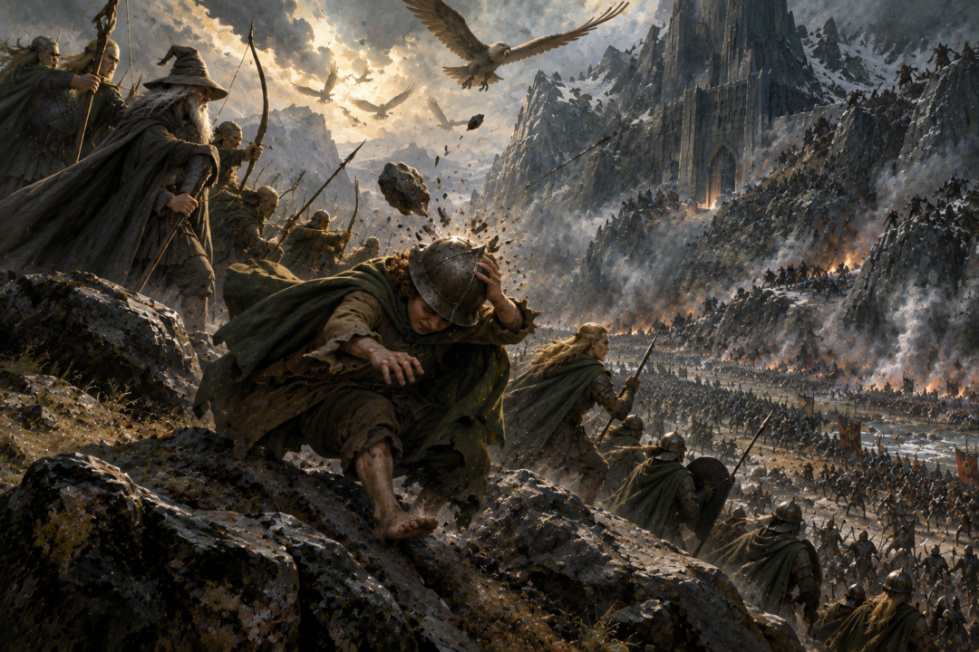 Bilbo is struck by a stone on Ravenhill just after seeing the Eagles arrive at Erebor.