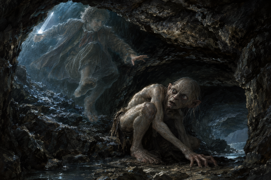 Bilbo Baggins prepares to leap over Gollum rather than kill him in a dark tunnel beneath the Misty Mountains.