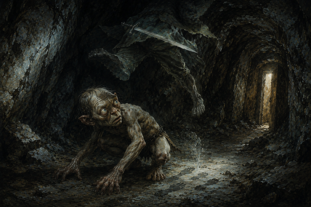 Invisible Bilbo leaps over Gollum in the dark passage rather than killing him.