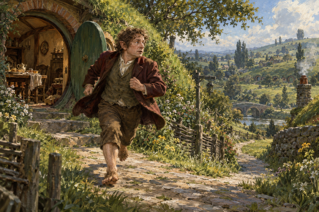 Bilbo Baggins rushes away from Bag End unprepared on the morning his adventure begins.