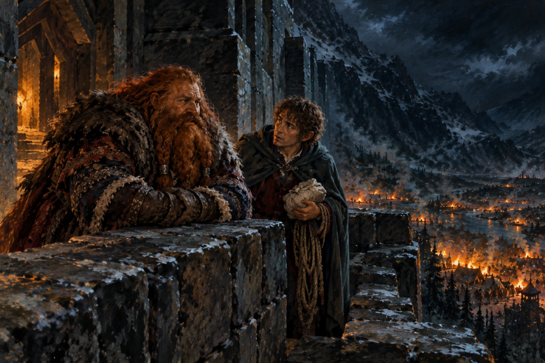 Bilbo preparing to descend secretly from Erebor with the Arkenstone concealed in a wrapped bundle.