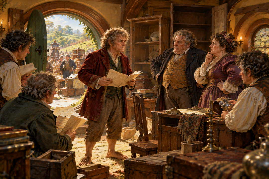 Bilbo stands inside a partly emptied Bag End as skeptical hobbits examine him following his unexpected return.