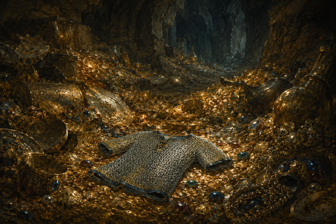 Ancient mithril mail coat among the vast treasure recovered from Smaug's hoard beneath Erebor