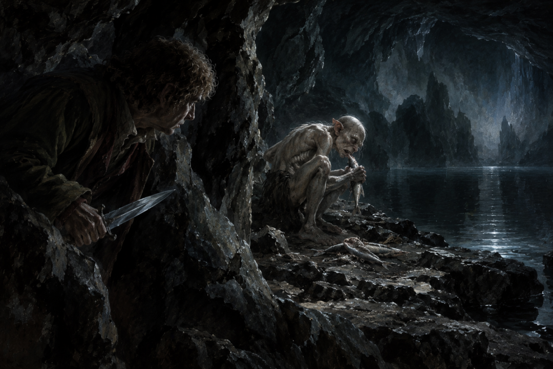 Bilbo looks upon the miserable Gollum with pity and horror in the darkness beneath the Misty Mountains.