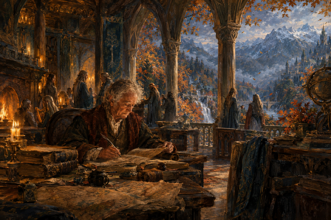 Elderly Bilbo Baggins studying manuscripts and preserving ancient Elven history in a warm hall of Rivendell.