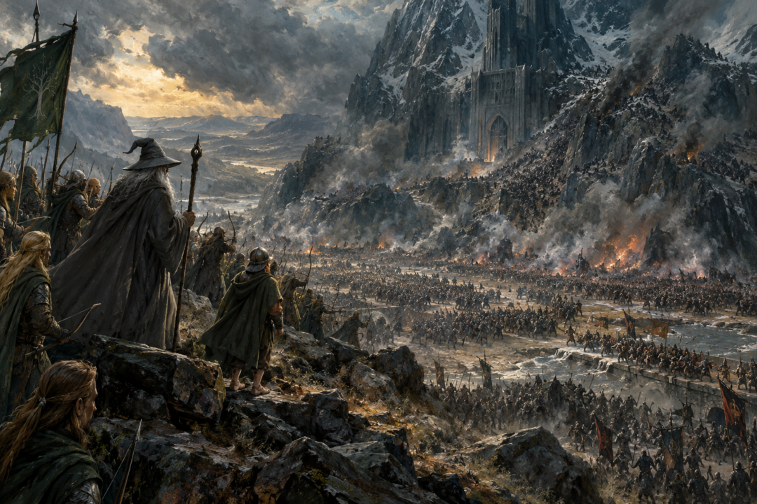 Bilbo watches the Battle of Five Armies from Ravenhill as Goblins attack the defenders of Erebor.