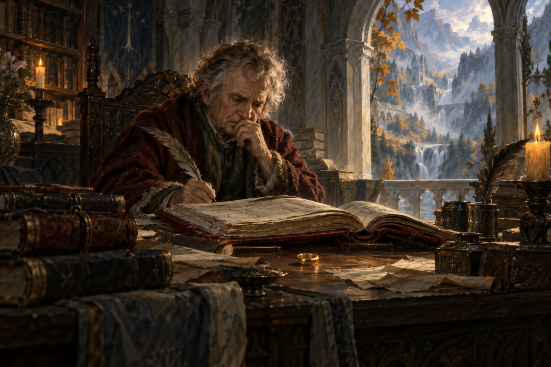 Elderly Bilbo at Rivendell reflecting over his written account of finding the Ring.