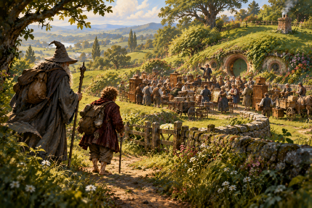 Bilbo and Gandalf approach Hobbiton as an unexpected auction crowd and furniture fill the road outside Bag End.