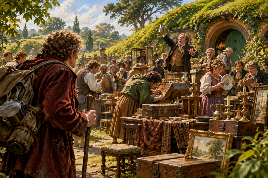 Bilbo Baggins returns to Bag End and discovers hobbits auctioning his household possessions outside his home.