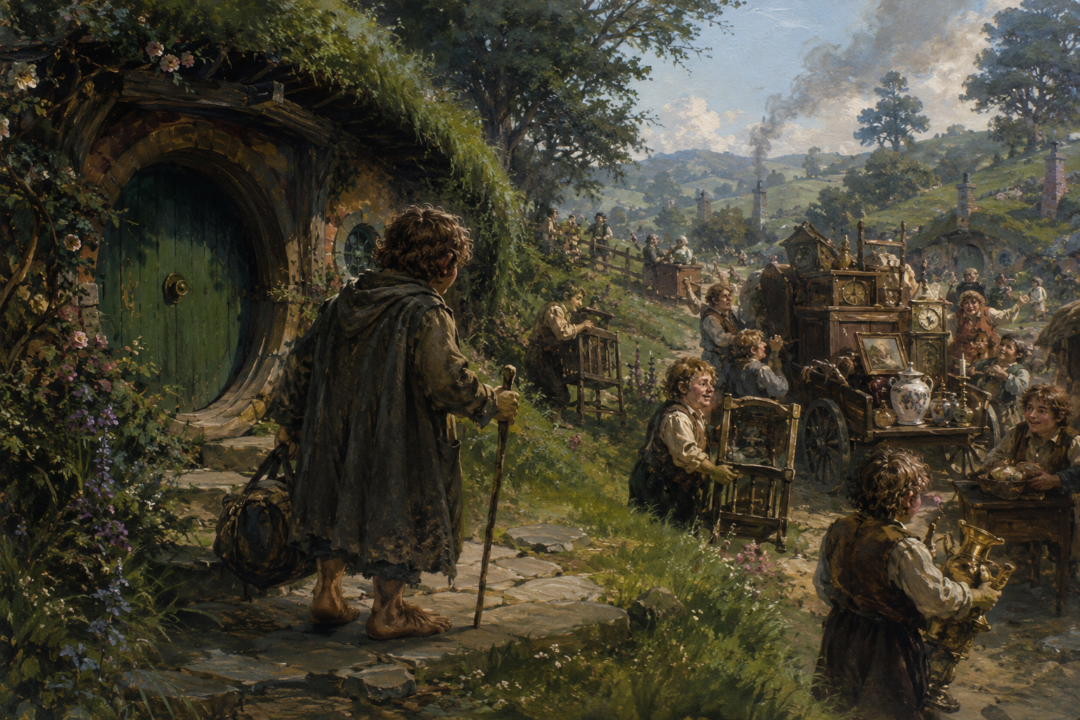 Bilbo Baggins returns from Erebor to find his belongings being auctioned outside Bag End in Hobbiton.
