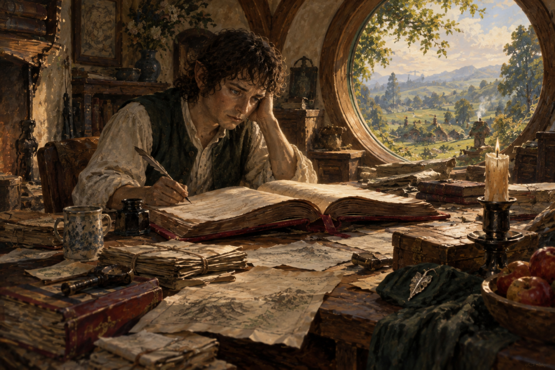 Bilbo holding the Ring in a dark passage beneath the Misty Mountains after escaping Gollum