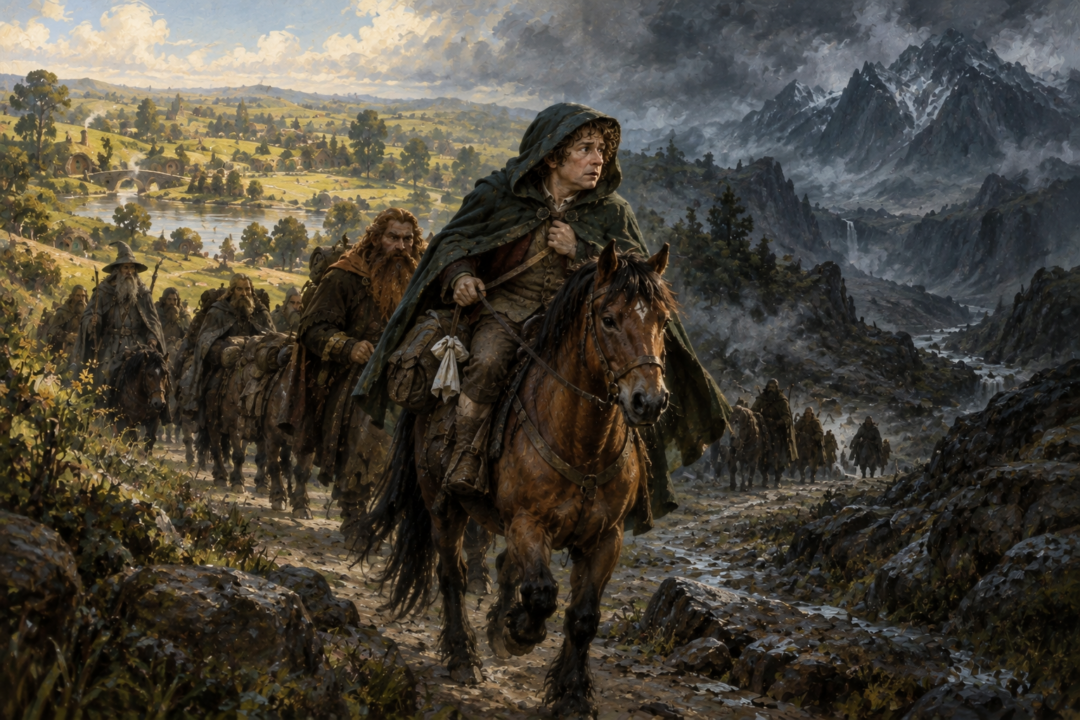 Bilbo rides from comfortable hobbit-country toward the Wild wearing Dwalin's oversized green hood and cloak.