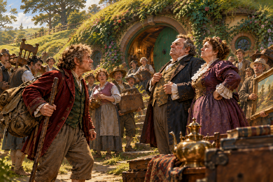 Bilbo confronts the Sackville-Bagginses at Bag End while his auctioned belongings are carried away.