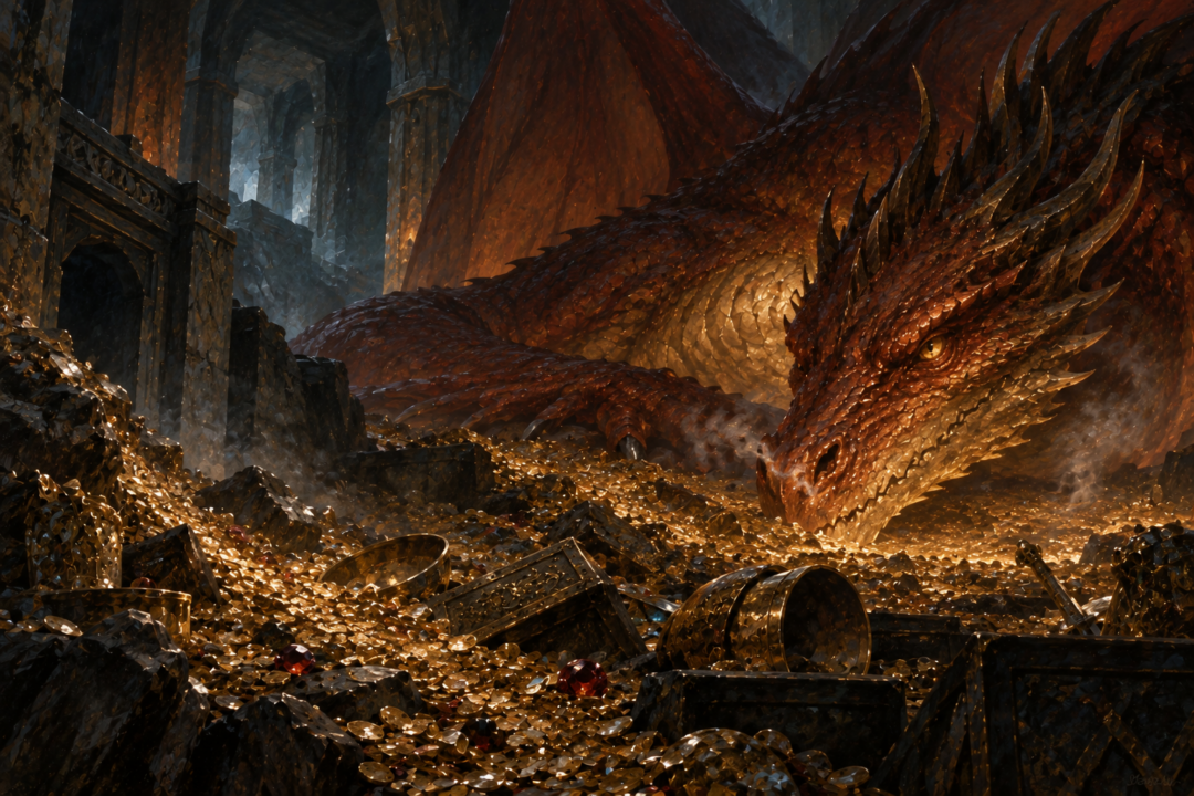 Smaug searching for the invisible Bilbo during their second encounter inside the Lonely Mountain