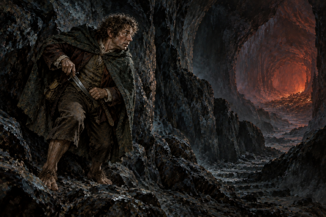 Bilbo walks alone down the secret tunnel toward Smaug beneath the Lonely Mountain.